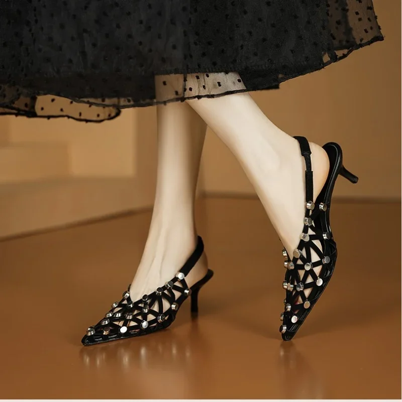

2025 Summer New Metal Riveted Hollow Sandals for Women Genuine Leather Black Fashion 5Cm High Heels Pointed Toe Shoes for Lady