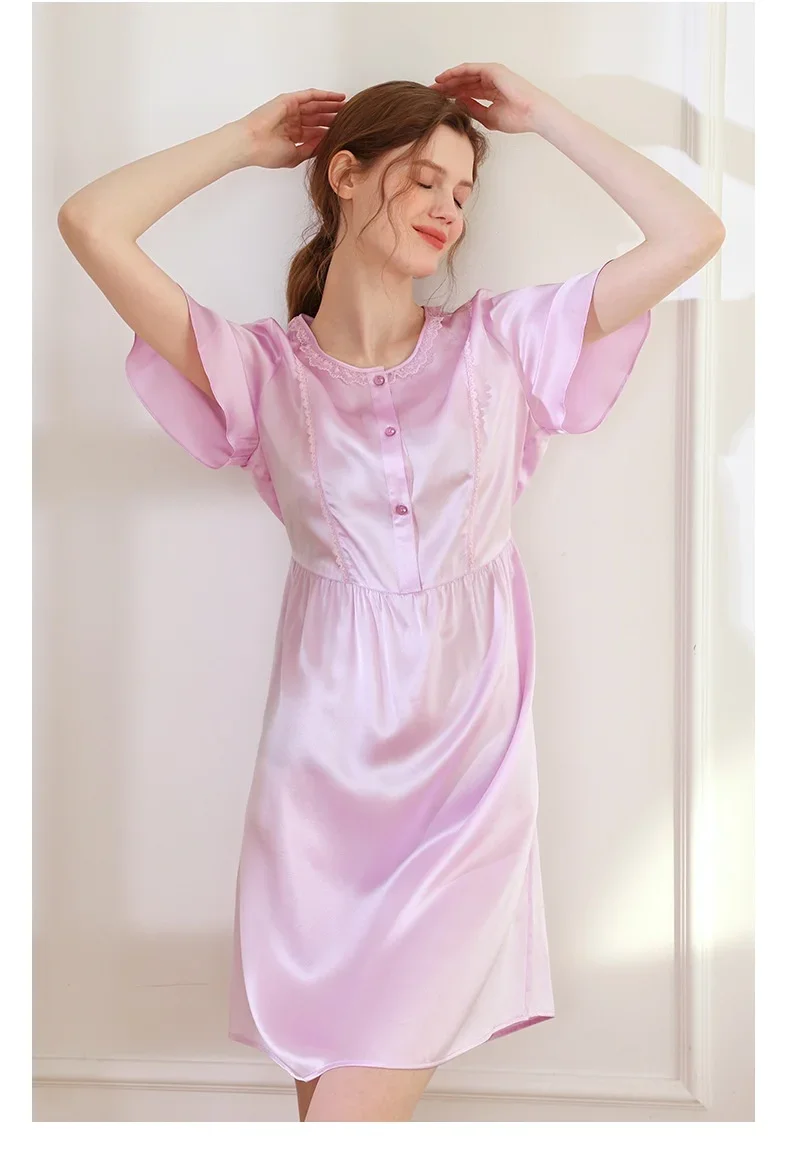 Pure Zijden Nachtjapon Met Gordel Luxe Slaapkleding Nachthemd Zomer Nacht Homewear Dames Paars 100% Moerbei Zijden Pyjama Nachtkleding