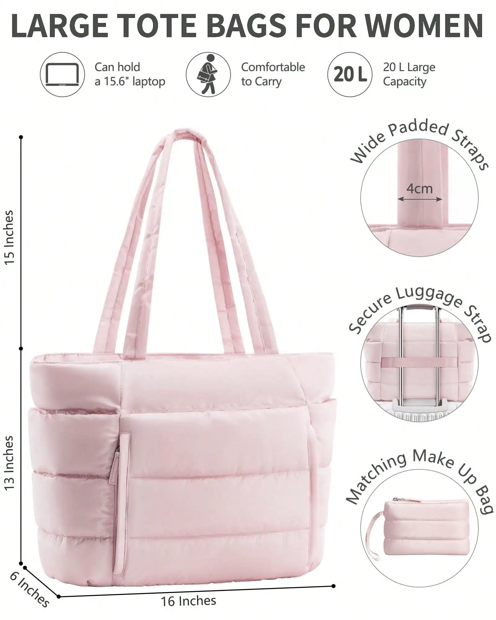 Puffer Tote Bag For Women, Lightweight Puffy Work Handbag Teacher Nurse Quilted Shoulder Bag For School Travel Gym