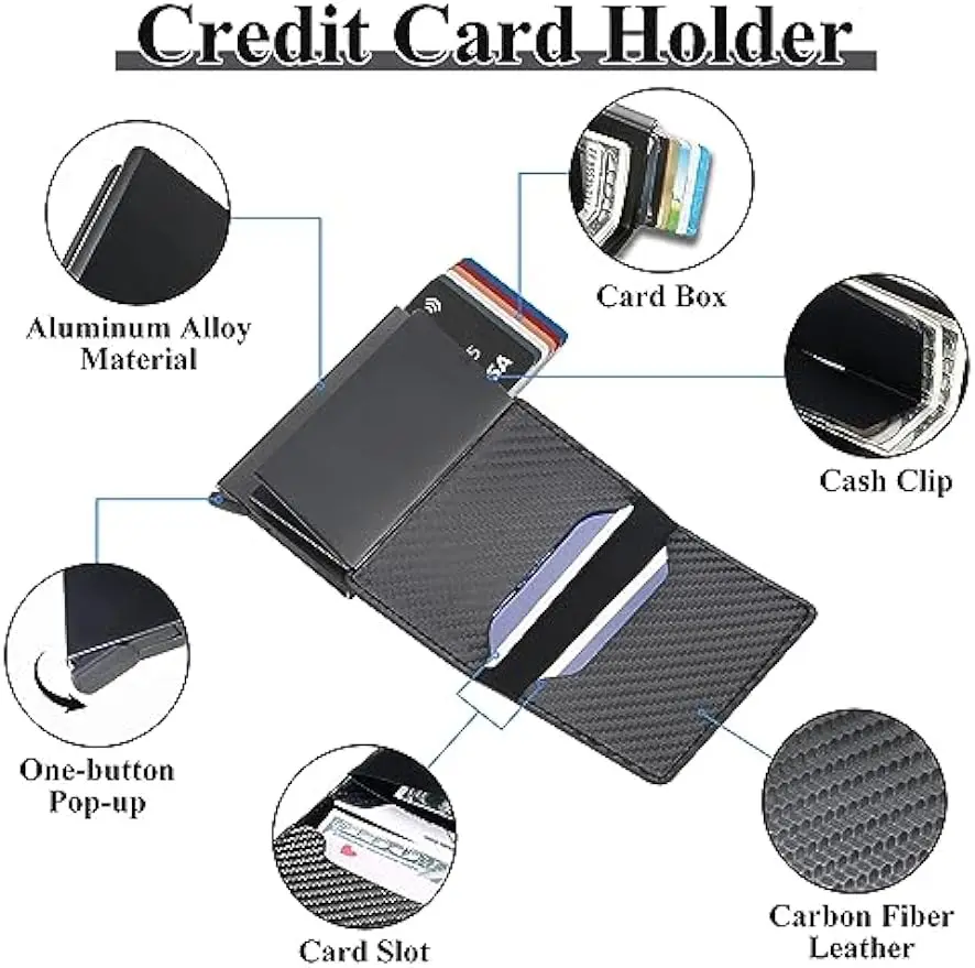 Carbon Fiber Credit Card Holder Wallet Men Rfid Smart Metal Thin Slim Pop Up Minimalist Wallet Small Black Purse Metal Wallet