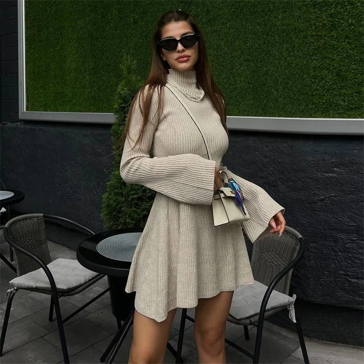 Swimming Cover Up For Ladies Long Sleeved Knitted High Neck Dress 2025 Solid Color A-Line Autumn Saida Beach Outing Swimwear