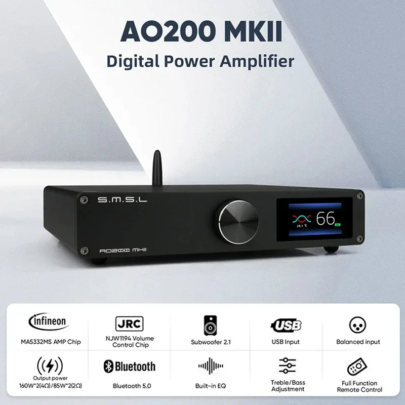 SMSL AO200 MKII AMP HIFI Digital MA5332MS Chip High Power Stereo Amplifier XLR/RCA/USB/Bluetooth 5.0 Balanced Input SDB Sound