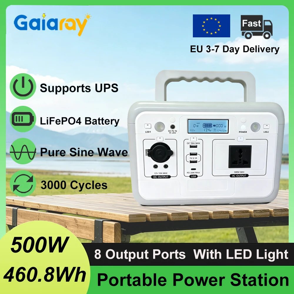 Station d'alimentation portable Gaiaray 500W, générateur solaire 460.8Wh, batterie Lifepo4, 220V, onde sinusoïdale pure, station de charge extérieure, double éclairage LED, batterie externe pour camping, voyage, alimentation d'urgence