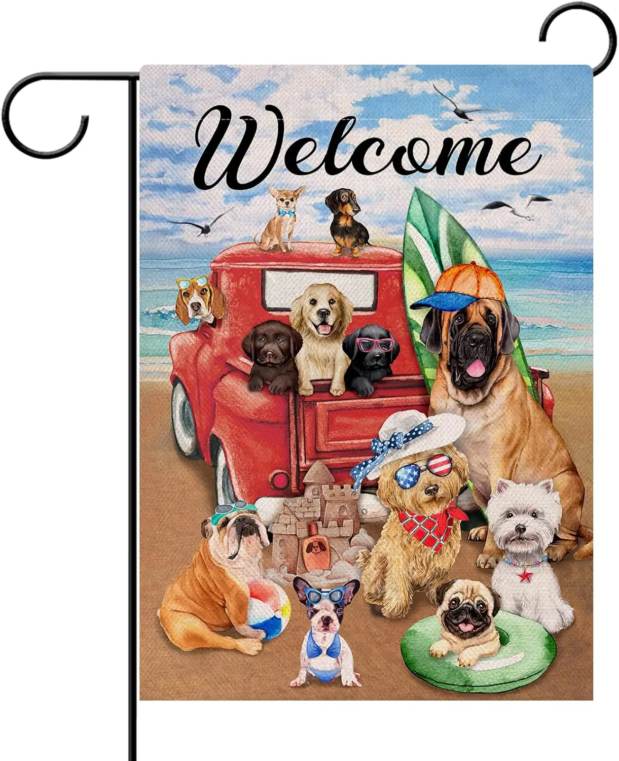 Hzppyz Welcome Summer Dogs Red Truck Beach Garden Flag Double Sided, Ocean Coastal Nautical Pickup Decorative Yard Outdoor S yyi