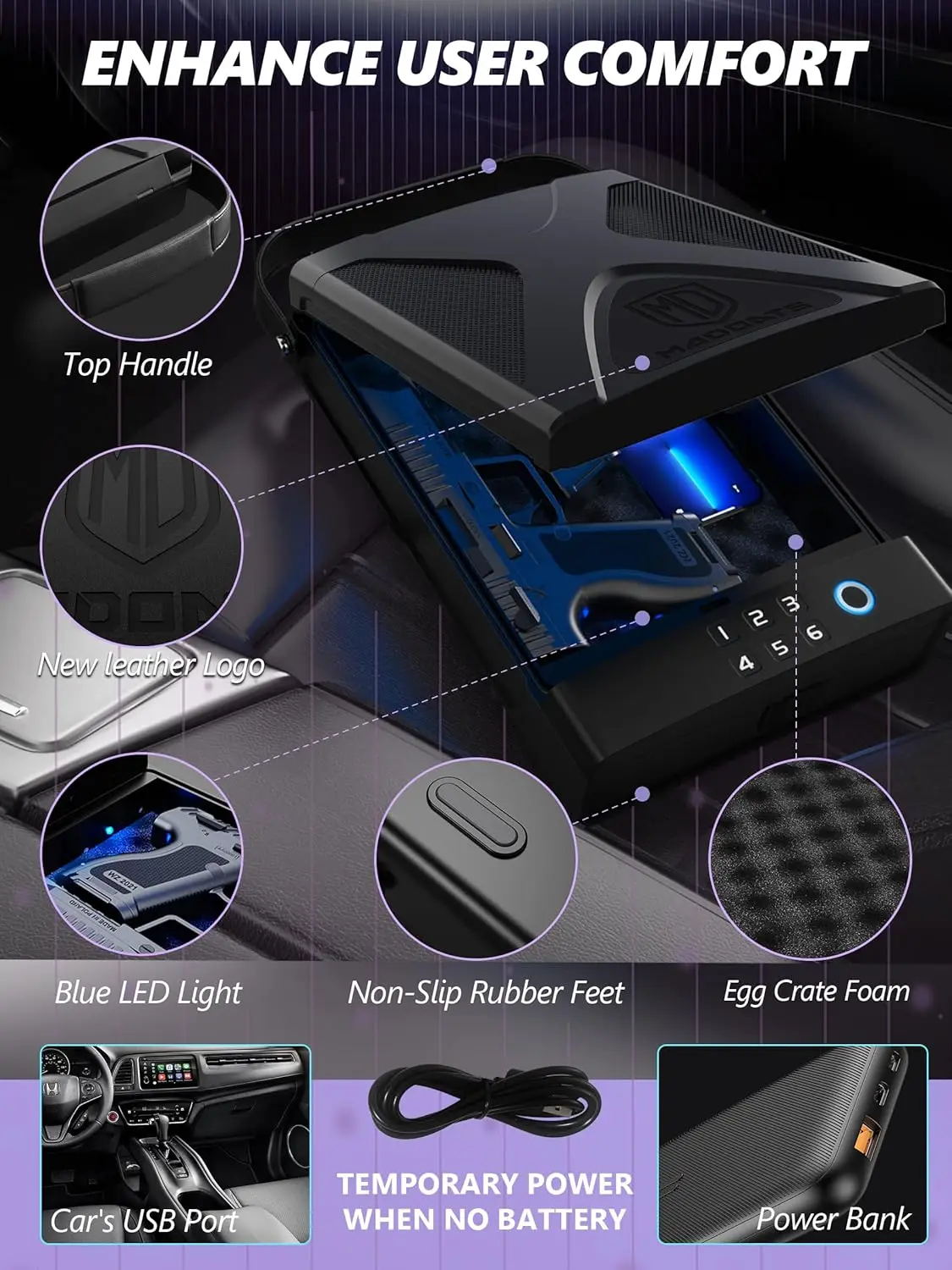 Car Gun Safe, Portable Biometric Safes for Pistols with Cable, Fingerprint & Keypad & Key Access Handgun Lock Box for Vehicle Tr