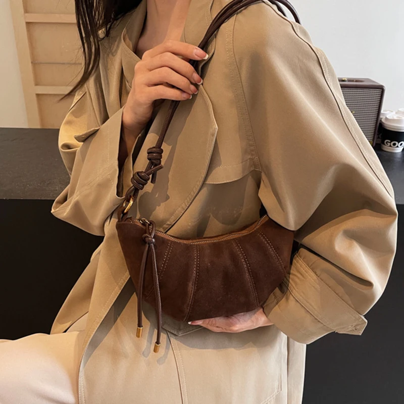 2024 High Quality Women's Suede Shoulder Bag Solid Color Simple Fashionable Crossbody Bag Zipper Soft Western Style Handbag