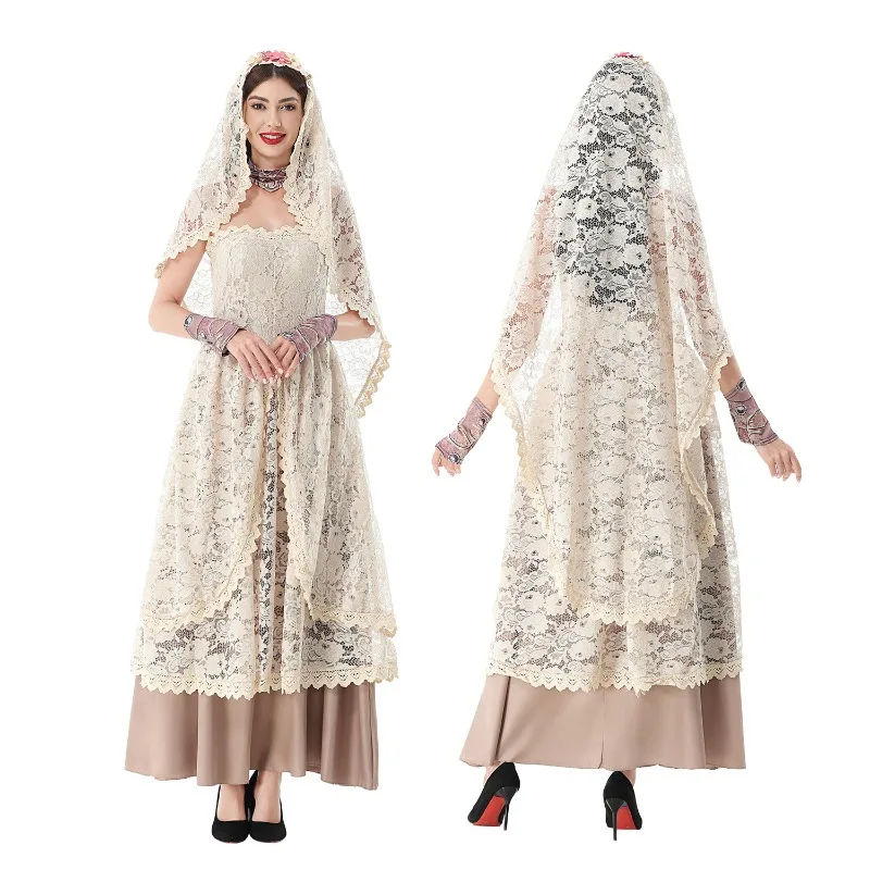 Women Vintage Lace Maxi Dress with Lace Veil Strapless Floral Long Gown for Halloween Wedding Theme Party Costume for Adult