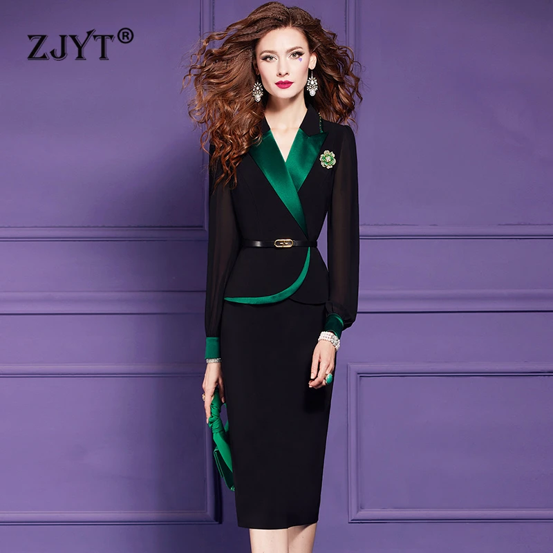 ZJYT Autumn Elegant Business Chic Formal Pencil Dresses for Women Office Work Wear Plus Size Hit Color Party Dress Vestidos Lady