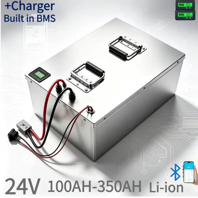 24V 100Ah-350Ah Lithium Ion Storage Battery With Matching Charger, Built-in BMS Rechargeable Power Pack for Solar System RV UPS