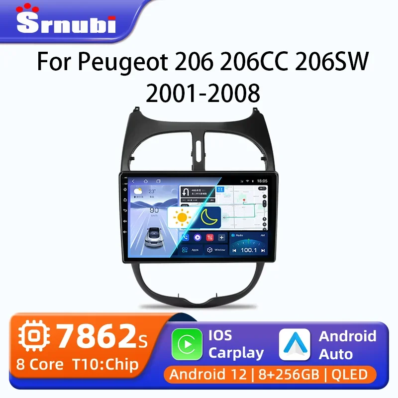 Android 12 Car Radio for Peugeot 206 206CC 206SW C2 2001-2008 Multimedia Player Carplay Auto Navigation 2 Din Head Unit Stereo