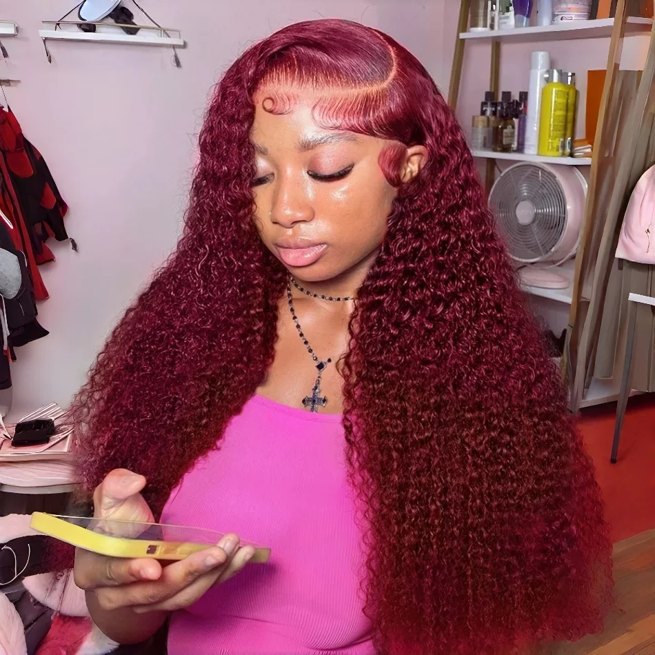 

99J Burgundy Red Curly Wigs 13X6 Hd Lace Frontal Human Hair Wig Colored Deep Wave Frontal Wig 13X4 Red Lace Front Human Hair Wig