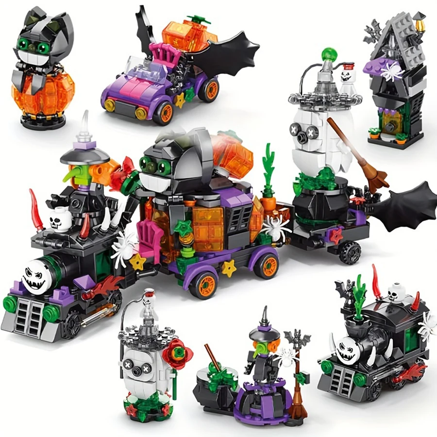 6-in-1 Halloween Building Block Set - Holiday Toy Train Building Block Set, Creative Building Block gifts.