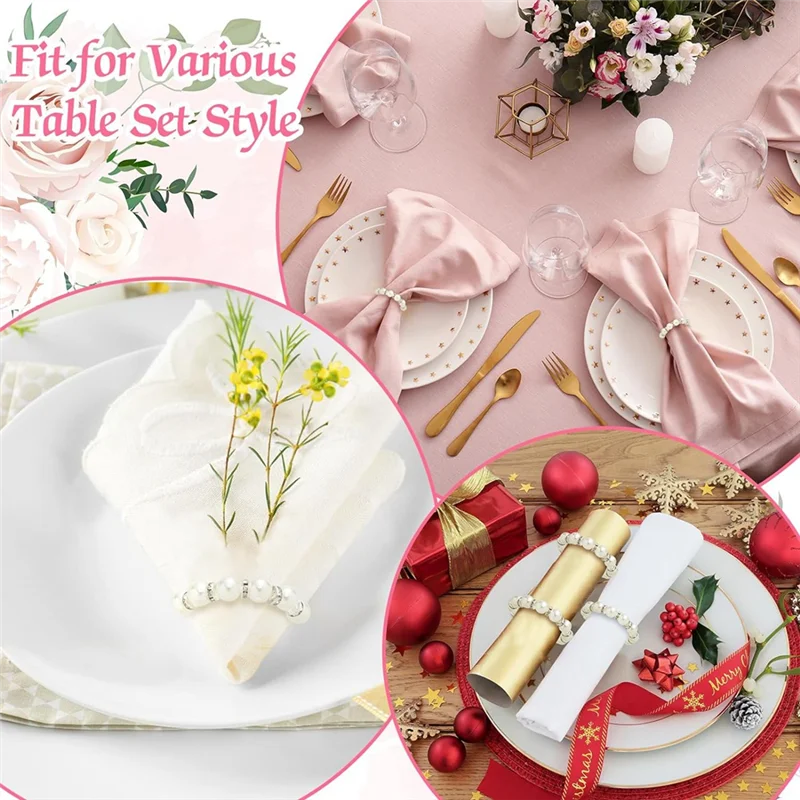 BAAG-100Pcs Pearl Napkin Rings Napkin Ring Holder Imitation Beaded Napkin Rings Elegant Rhinestone Serviette Rings Buckle