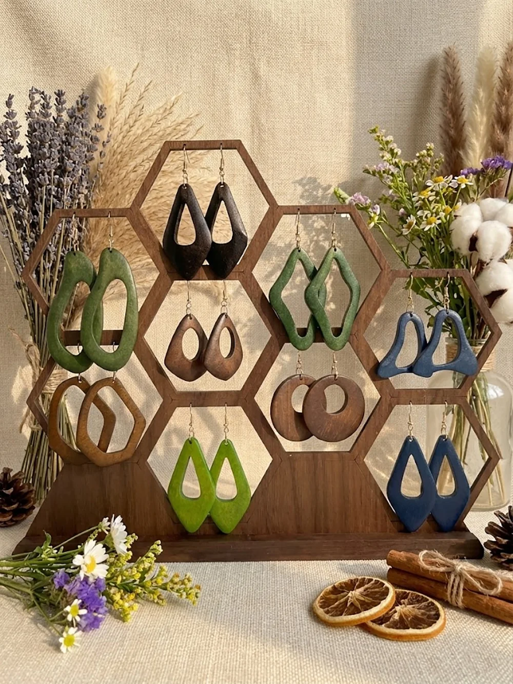 9 Pairs/Set, Women's Fashionable and Elegant Pendant Earring Set, Vintage Bohemian Geometric Heart-Shaped Round Hollow Wooden Earrings, Suitable for Everyday Wear, Parties, Valentine's Day and Any Other Occasion
