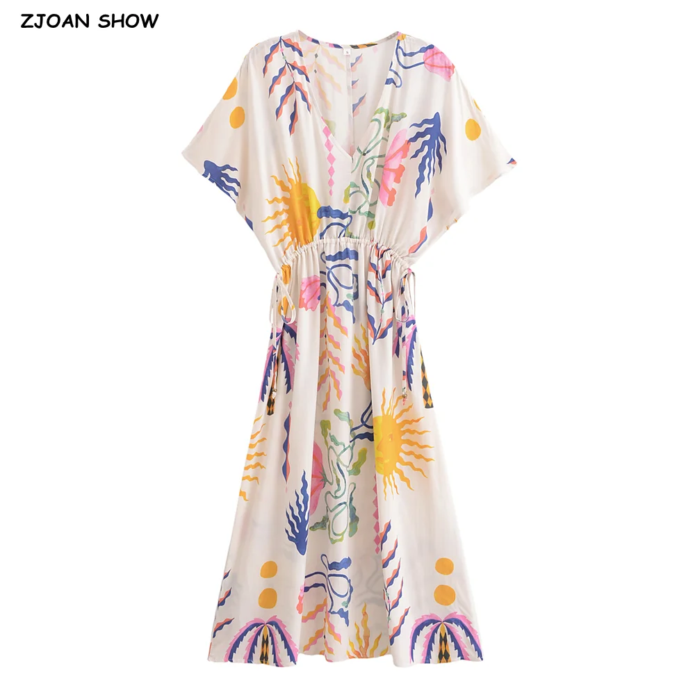 2024 BOHO Beige Color Print Bat wing sleeve Midi Dress Women v neck Adjust Bow Lacing up Waist Midi Robe Holiday