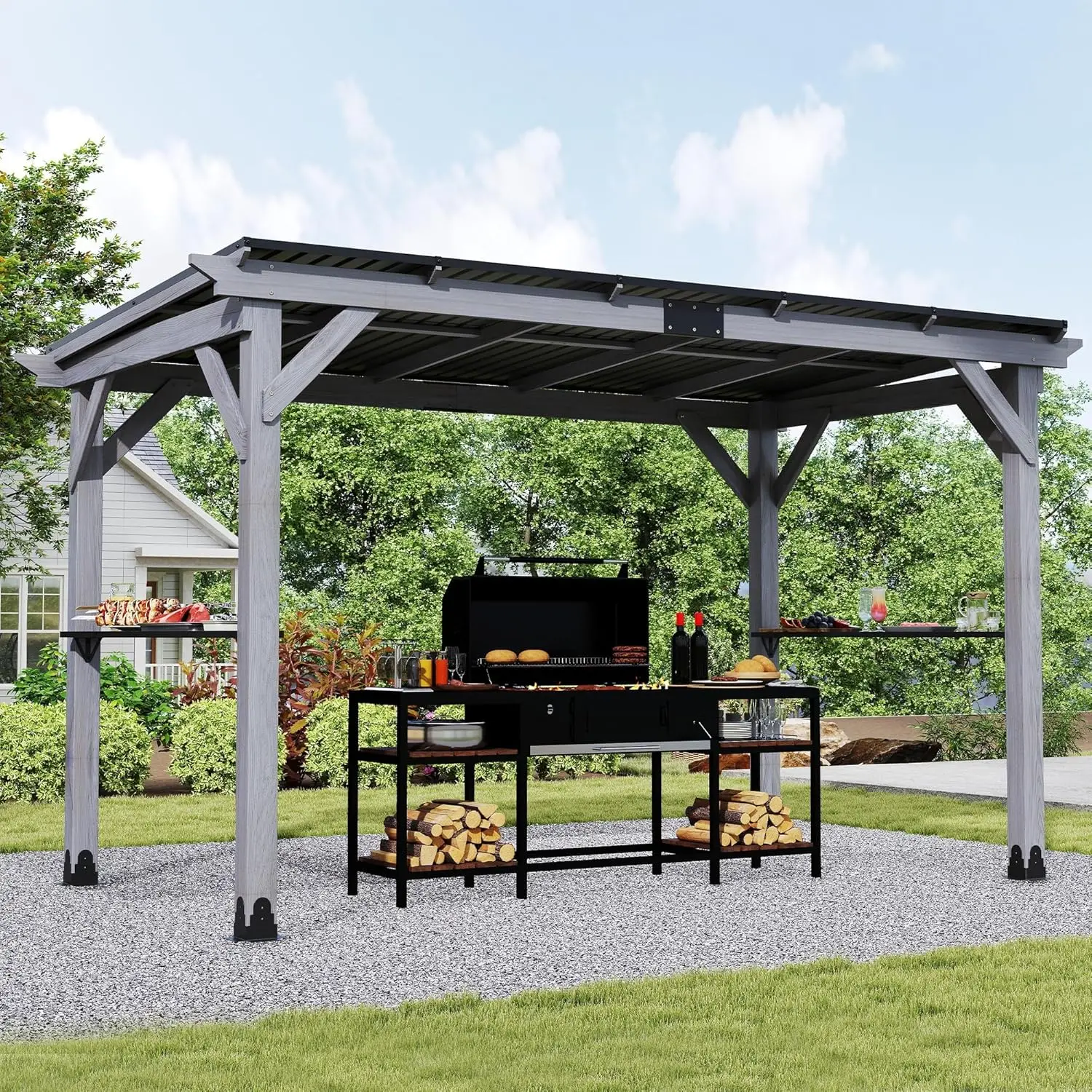 

12.5x6.5ft Outdoor Grill Gazebo Hardtop Sloping Galvanized Steel Roof 2 Full Shelves Backyard Deck Garden, Customized
