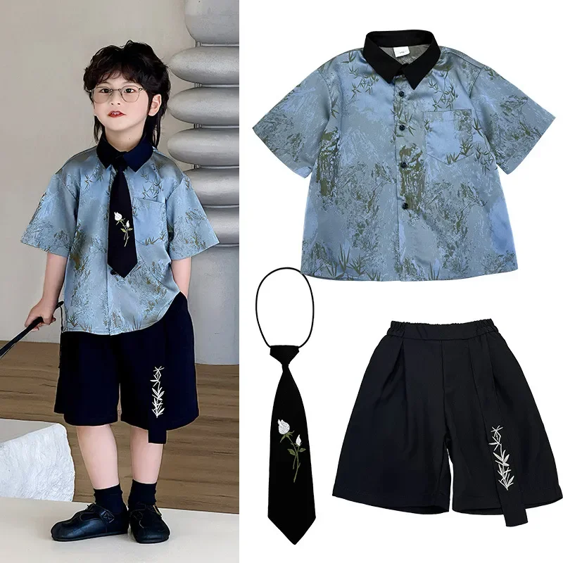 3 PCS set Summer Boy Soft RetroTShirt+Pants Shorts+Tie Kid Children baby Gentleman Handsome Streetwear Party Clothes