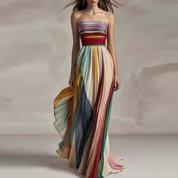 Elegant Sexy Off Shoulder Tube Tops Colorful Stripes Maxi Dress Women Sleeveless Color Collision Wrinkles Irregular Party Dress