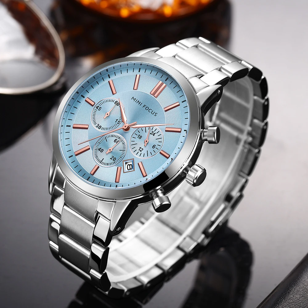 MINI FOCUS Business Quartz Watch for Men Fashion Date Display Calendar Waterproof Watches Luxury Stainless Steel Strap 0188G