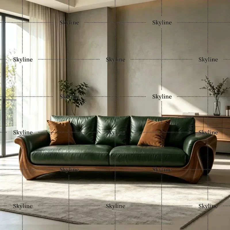 New Chinese Italian Style Black Walnut Leather Sofa Living Room High End Atmospheric Solid Wood Medieval Single Furniture