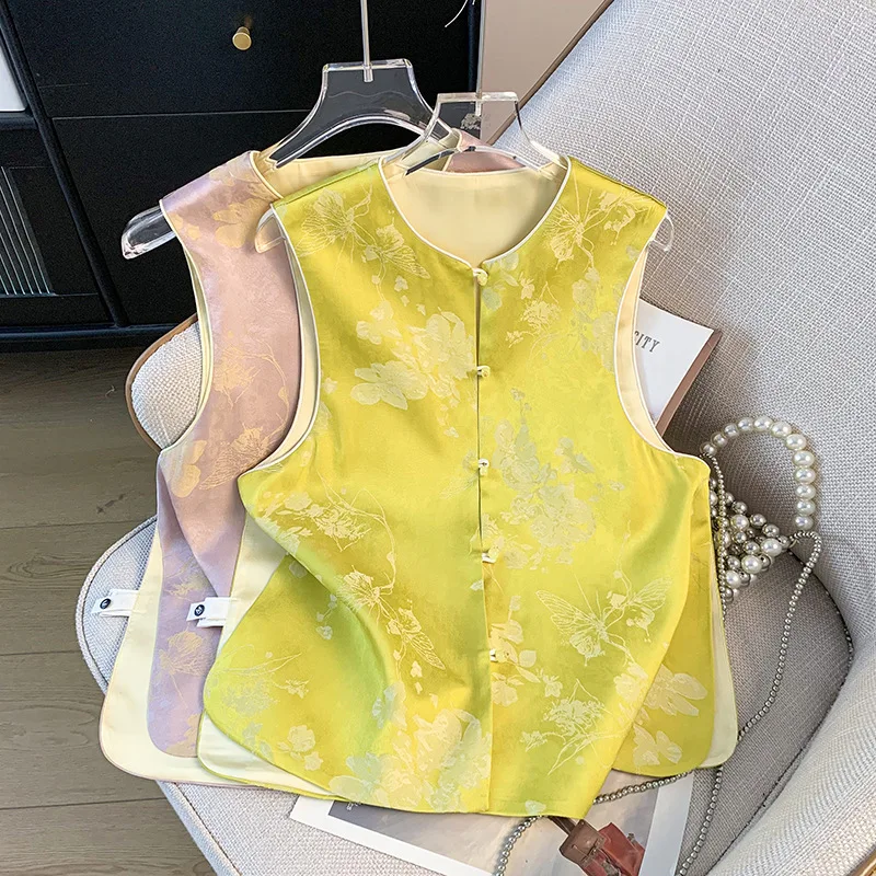 

Yourqipao Summer Chinese Classical Retro Vests Buckle Satin Jacquard Embroidered Tops Vest Modified Hanfu Jacket for Women