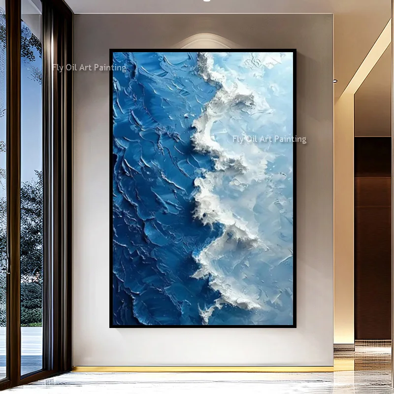 Blue White Knife Thick Ocean Wave Canvas Artwork Special Design Home Wall Decor Handmade Simple Green Beige Oil Painting
