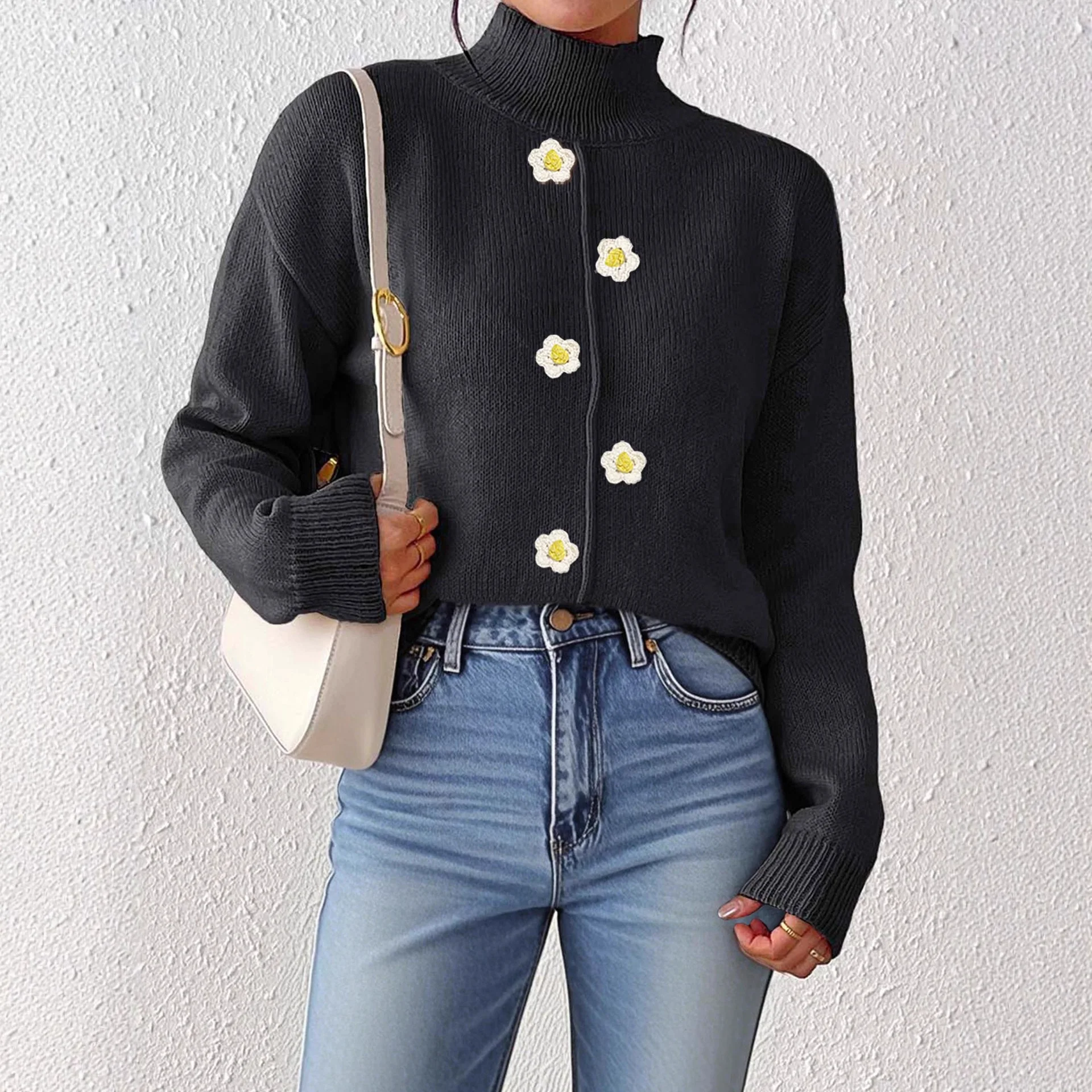 粗ニットセーター女性のための秋冬怠惰なスタイル花刺繍プルオーバーヴィンテージ無地ジャンパー Mujer トップス
