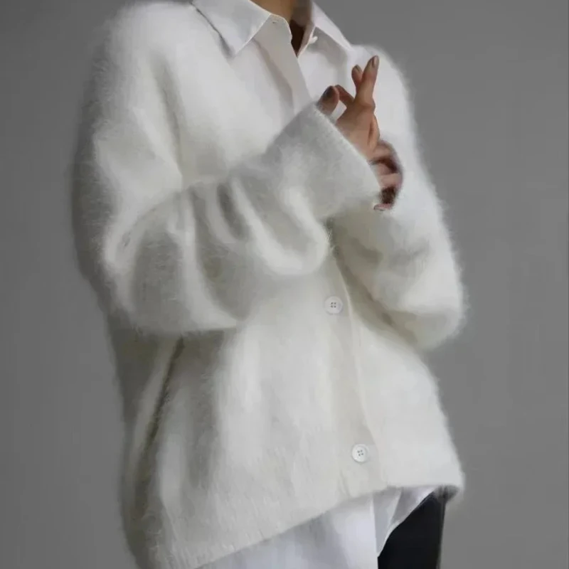 Korean Fashion Women's V-neck Cardigans Solid Knitted Long Sleeve Oversized Sweater with Buttons Female Coat Jacket