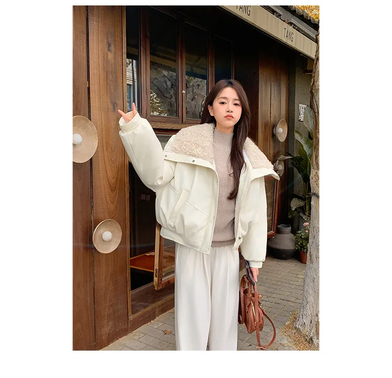 2026 Winter New Thick PU Leather Coat Women Cropped Fluffy Lapel Collar Padded Jacket Female Zip-up Streetwear Cool PU Parkas