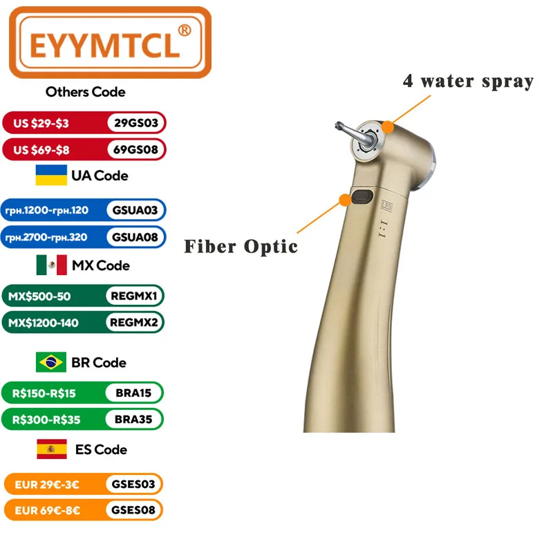 EYY Dental 1:1 kątnica światłowodowa LED niska prędkość rękojeść uchwyt przyciskowy niebieski pierścień wewnętrzna rękojeść natryskowa wody