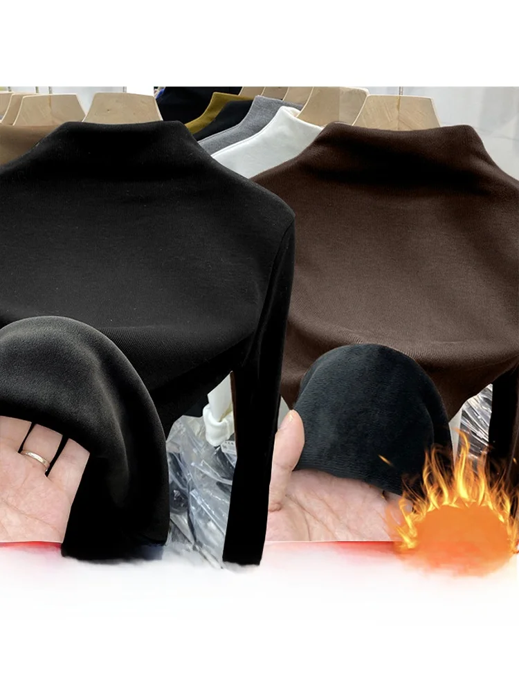 기본 롱 슬리브 안감 있는 심플 티셔츠 여성용 가을 겨울 하이 칼라 보온 탑 이너웨어 베이스 레이어