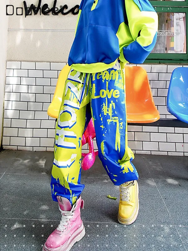

Sapphire Blue Colorful Letter Casual Pants Autumn New Graffiti Pattern Trendy Loose Sports Sweatpants for Women