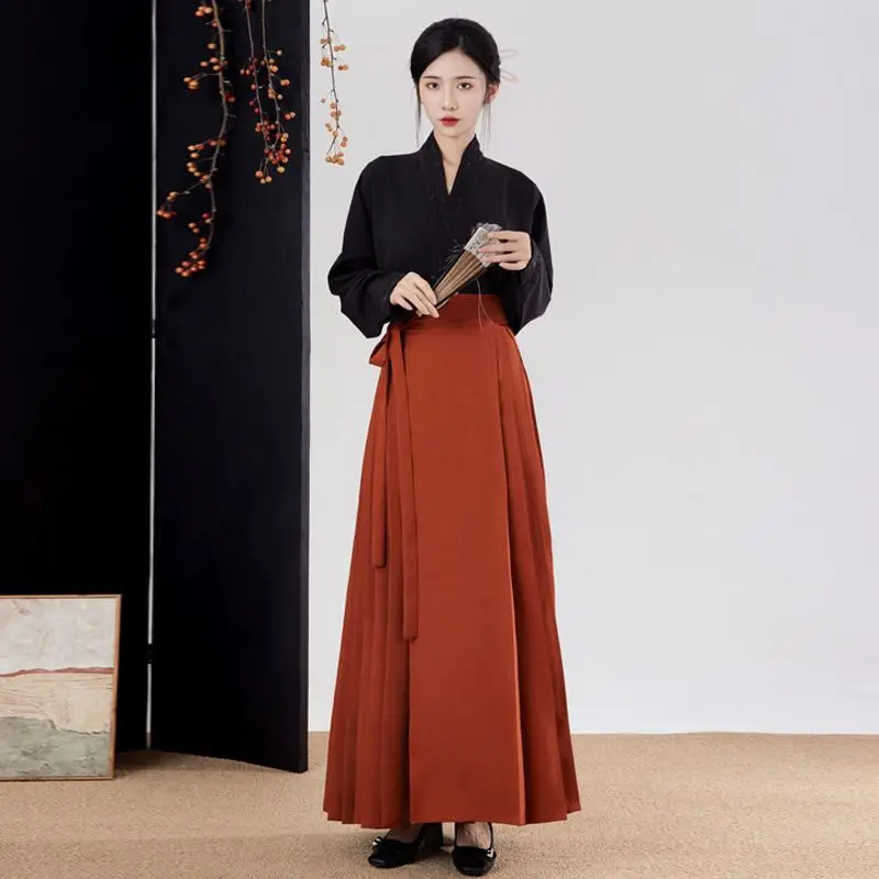 Ming Hanfu Embroidered Polyester Fiber Aircraft Sleeves New Chinese Red Horse Skirt and Ankle Daily Commuter Set for Women