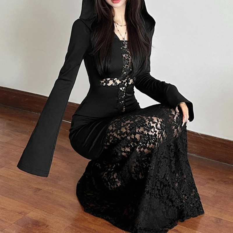 

Fall 2025 New Women's Solid Color Slim High Waist Street Fashion Hooded Long Sleeve Dress