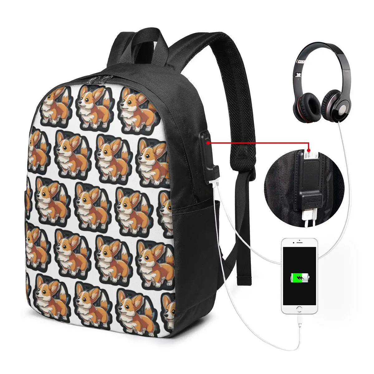 Cartoon Corgi In Dark Backpack Travel Notebook Bag Computer College Student School Bag Laptop Shoulder Bags for Men Women