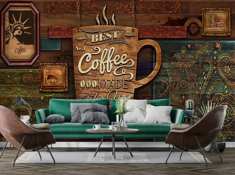 Customizable Wooden Look Wallpaper, Coffee Shop Peel and Stick Wall Mural, Easy Removable Cafe Restaurant Wall Decor, Kitchen Wa