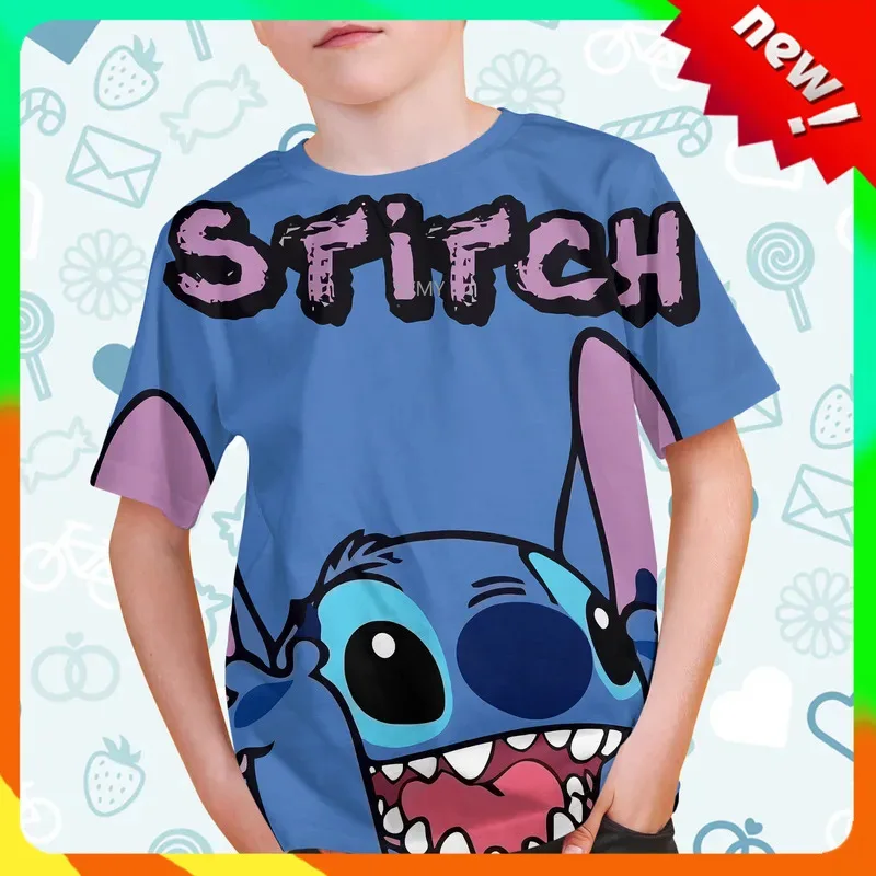 Лето 2023, новая детская футболка Disney Lilo & Stitch, повседневная одежда для мальчиков и девочек, детские футболки с героями мультфильмов, футболки для детей 1–14 лет