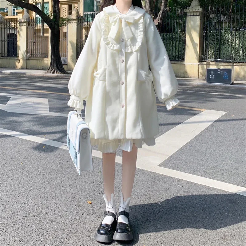 

Японское пальто в консервативном стиле с милым бантом, женские лоскутные куртки трапециевидной формы в стиле Харадзюку с рюшами Y2K, однобортная куртка в стиле гранж