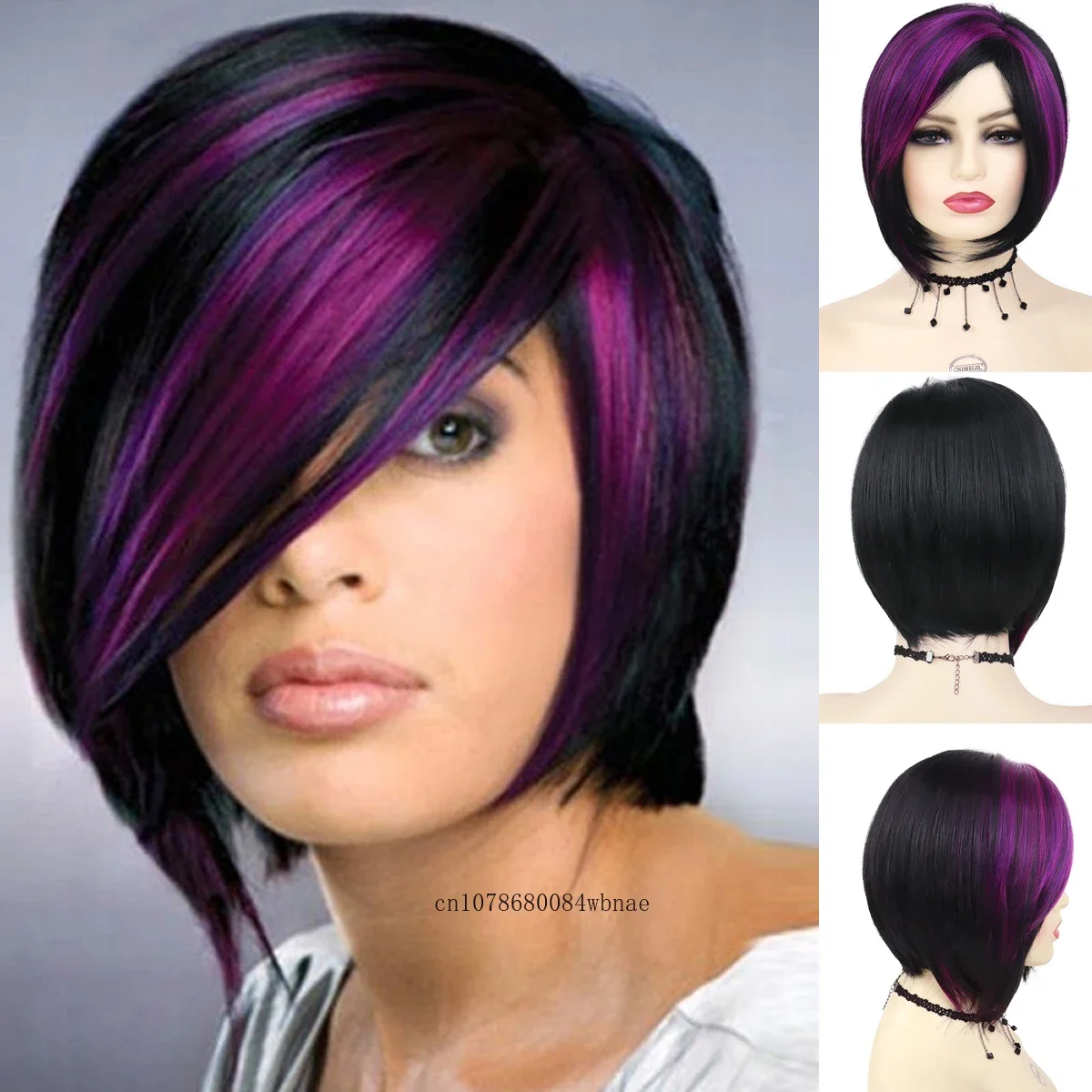 Mix Purple Wig Synthetic Short Bob Wigs with Bangs for Women Girls Lolita Cosplay Halloween Heat Resistant Dress Up Party Use