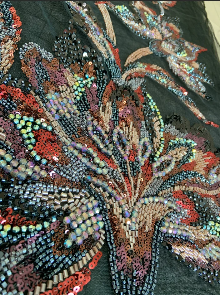 1 Piece Black Lace Fabric Patch with Luxury Colorful Beads Flower Applique for Wedding Dress,Ball Gown,Haute Couture Accessories view 5