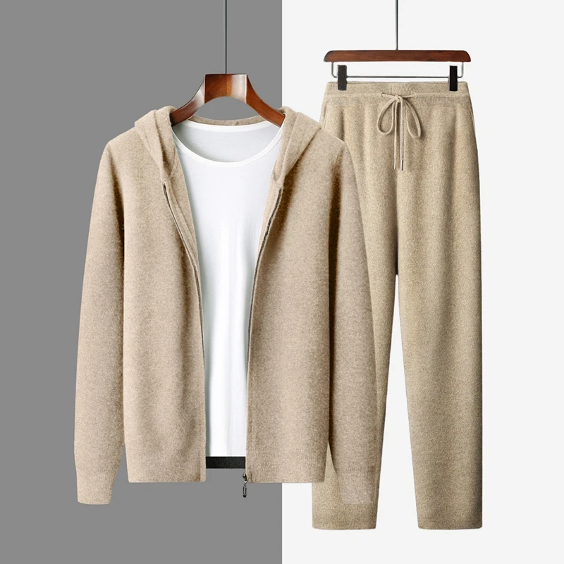 Men's 100% Cashmere Hooded Sweatshirt And Straight Leg Pants Set Casual Zipper Cardigan Two-Piece Winter Warm Knitted Outfit