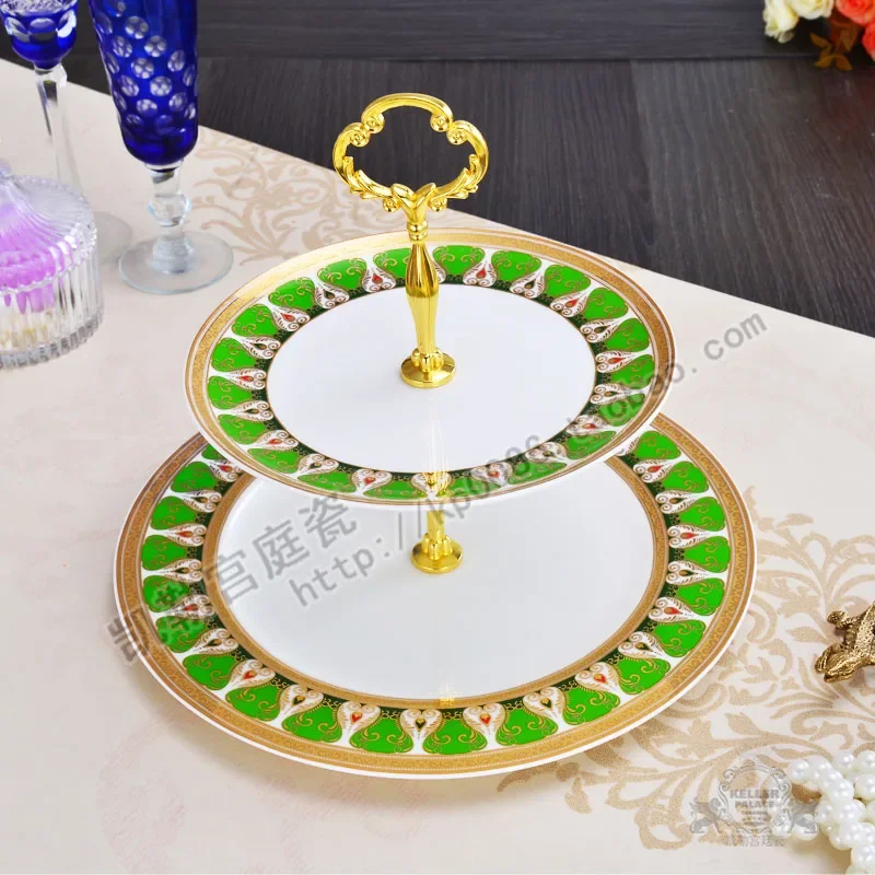 

Bone China Embossed Gold Double Layer Cake Plate Fruit Plate Dried Fruit Tray Afternoon Tea Dessert Dim Sum Plate Cake Stand