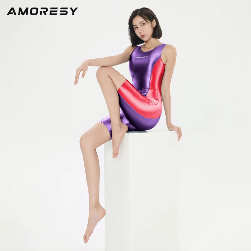 AMORESY Women's Shiny Smooth Competition Swimsuit Tights Stretch One Piece Bodysuits Glitter Patchwork Rompers Surfing Jumpsuit