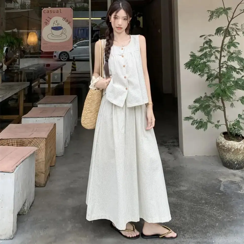 Korean style striped outerwear vest top high waist crotch-covering skirt women‘’s long skirt summer fashion two-piece suit