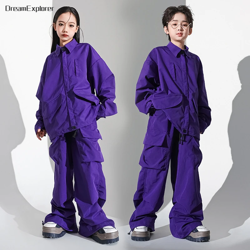 Boys Hip Hop Solid Coat Street Dance Joggers Girls Jazz Jacket Cargo Pants Clothes Sets Kids Costumes Children Loose Streetwear