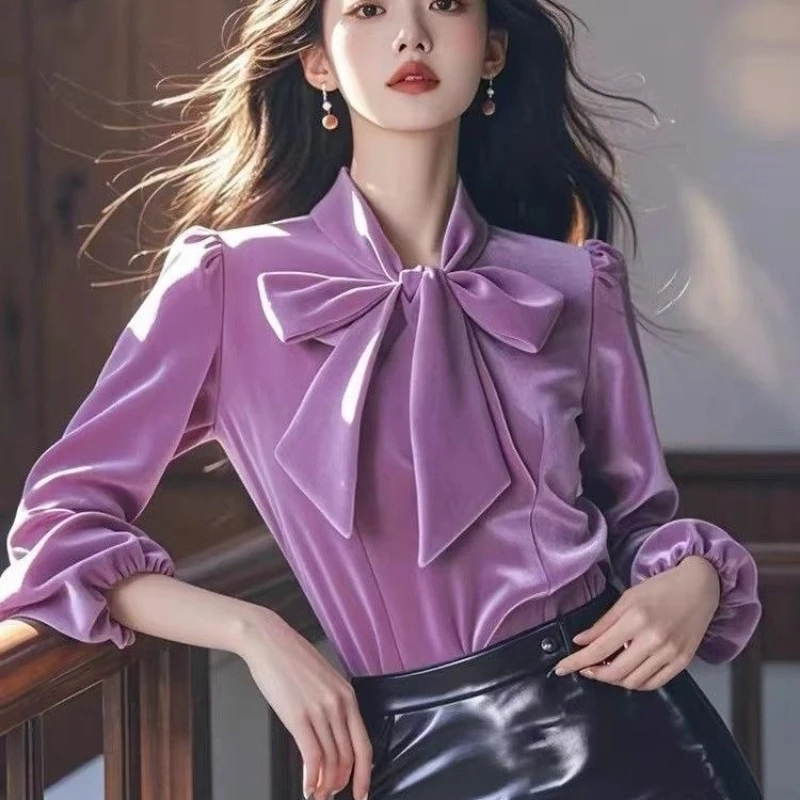 مكتب سيدة المخملية القوس جلد الصلبة بلوزة النساء الملابس ربيع الخريف طويلة الأكمام كل مباراة قميص أنيق بلايز الموضة الكورية