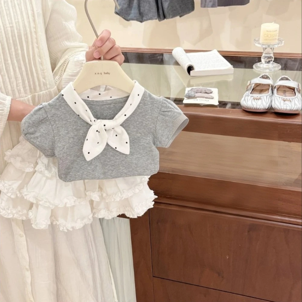 Summer New Casual Cute Suit Bow Collar Short Sleeved Top+lace Cake Skirt Two-piece Set for Girls To Wear When Going Out