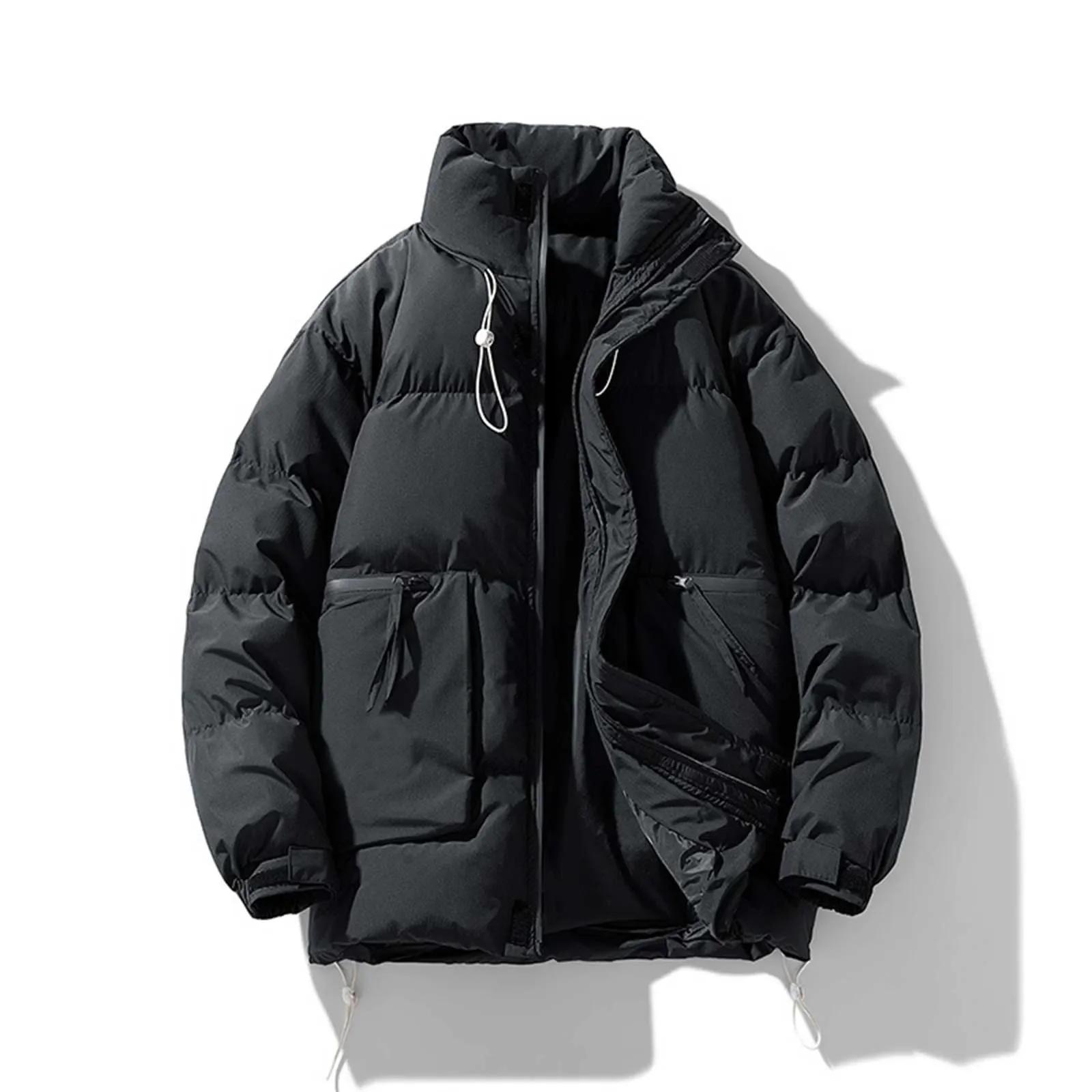 Mens Fall And Winter Solid Color Cotton Jacket Jacket Casual Loose Zipper Double Pockets Long Lightweight Workwear Jacket