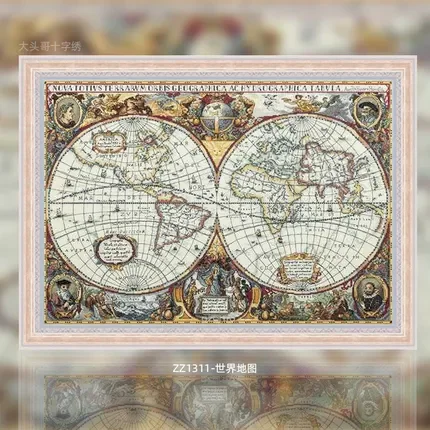 [ZZ1311-World Map] DIY Stamped Cross Stitch Kit 14CT 16CT, Cotton Embroidery Threads, Creative Needlework Project