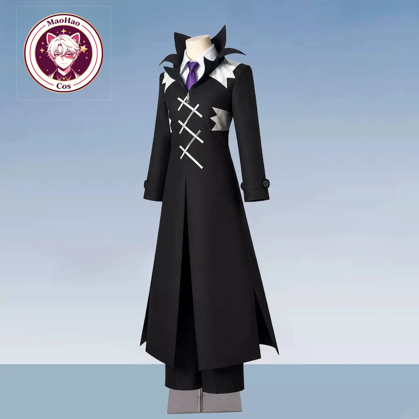 Dr.STONE Xeno Cosplay Costume Anime Black Long Trench Coat With 3D Collar Cross Strap Design Full Set Shirt Tie Men Outfit